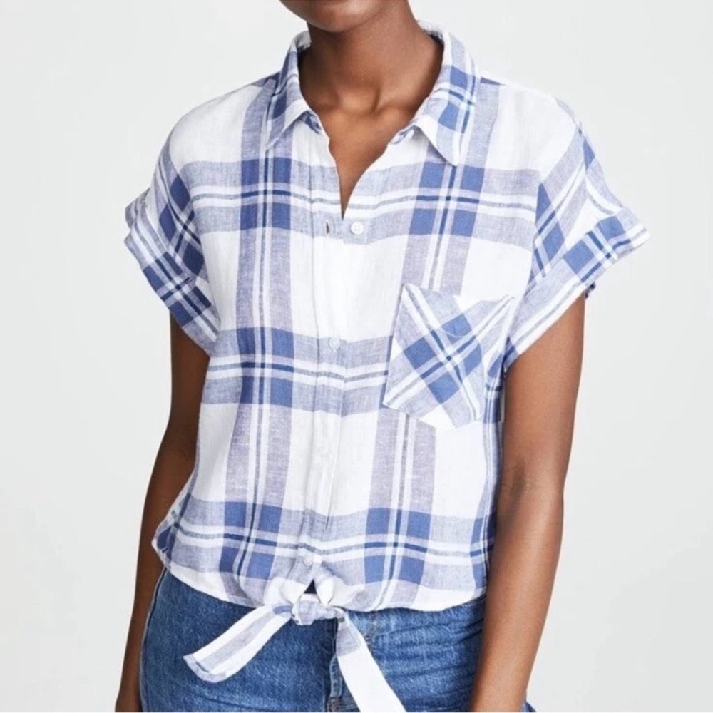 Rails Amelie Tie Front Linen Button Down Lapis Coast Blue/White Top S